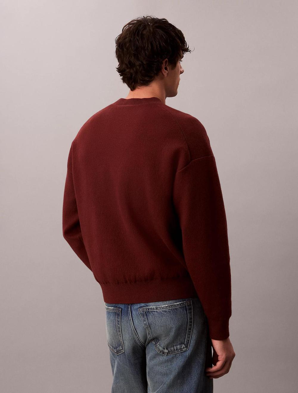 Calvin Klein Long Sleeve Cotton Cashmere 3D Knit Crewneck Cherry Mahogany - Afbeelding 4