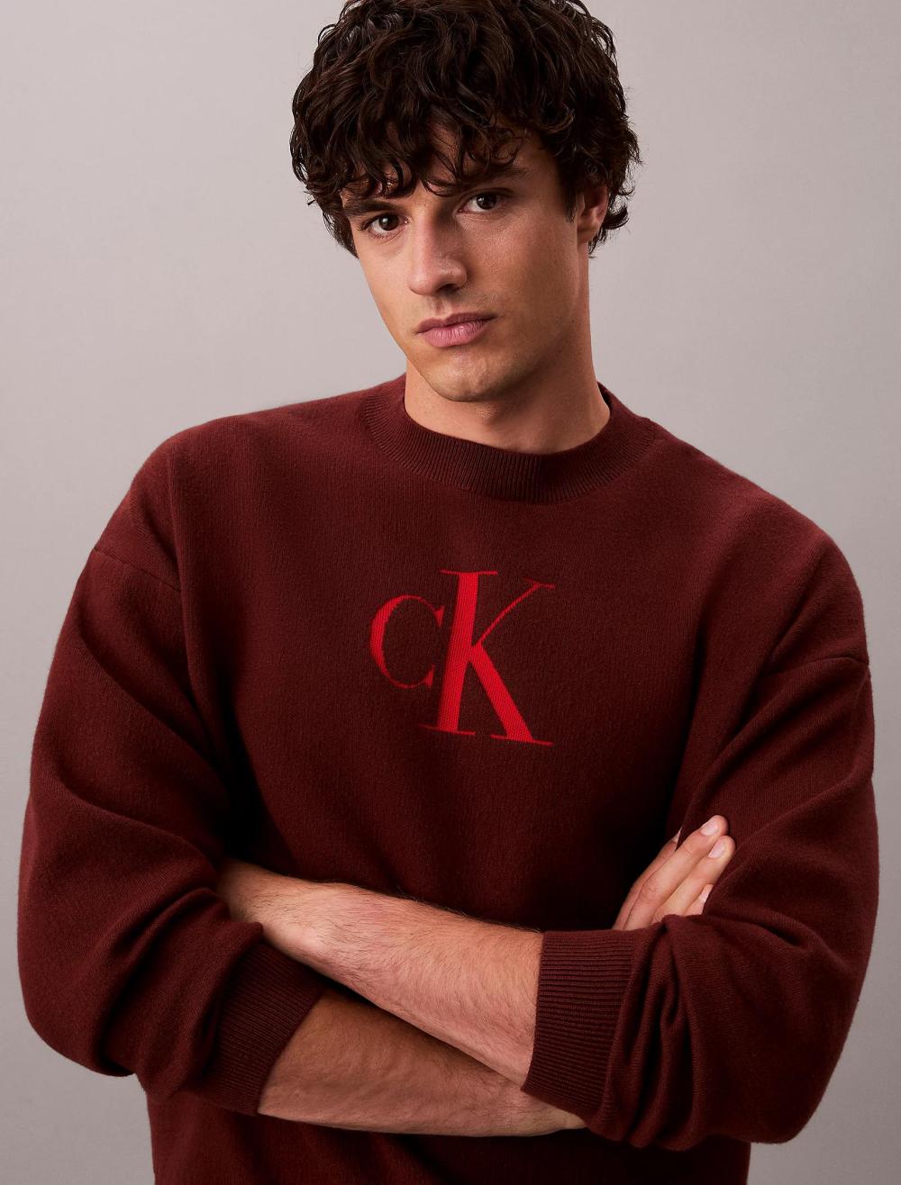 Calvin Klein Long Sleeve Cotton Cashmere 3D Knit Crewneck Cherry Mahogany - Afbeelding 3